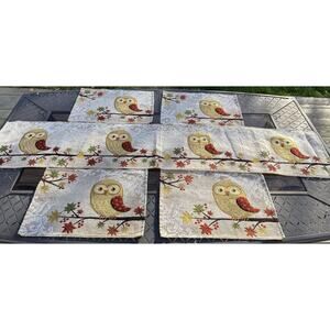 4 Tapestry Fall Placemats Owl + Table Runner on a tree branch in fall colors 65”